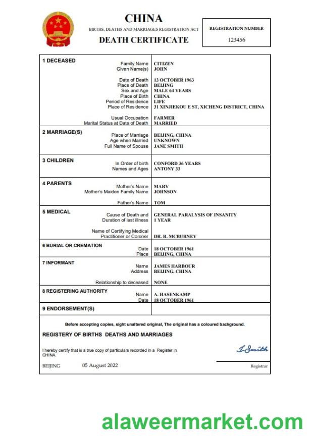 China vital record death certificate Word and PDF template